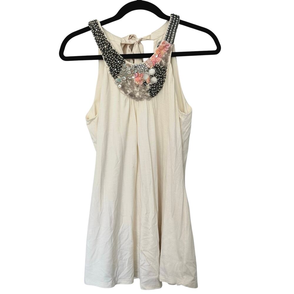 Bordeaux Los Angeles (S) Embellished Neck Tank Top Cream Beaded Sequin Y2K